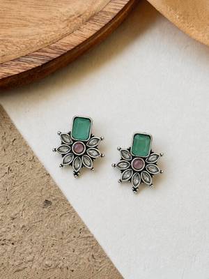 German silver pink green floral drop earrings 2