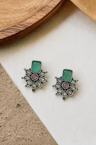 German silver pink green floral drop earrings