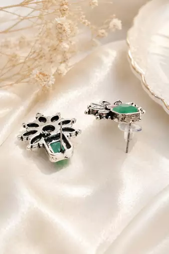 German silver pink green floral drop earrings