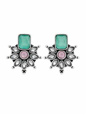 German silver pink green floral drop earrings 4