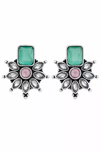 German silver pink green floral drop earrings