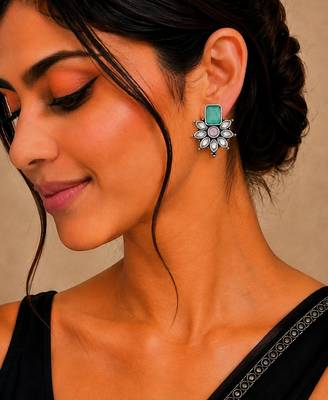 German silver pink green floral drop earrings 5