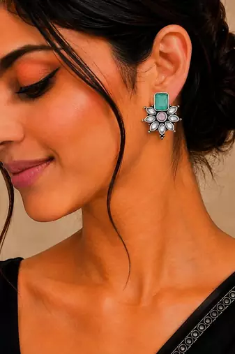 German silver pink green floral drop earrings