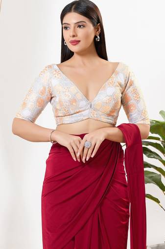 Women's silk padded back open elbow sleeves saree blouse