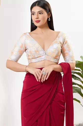 Women's silk padded back open elbow sleeves saree blouse