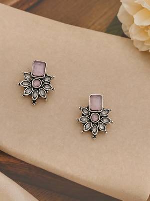German silver pink floral drop earrings 1