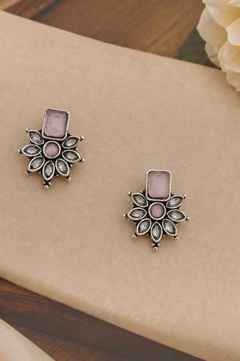 German silver pink floral drop earrings
