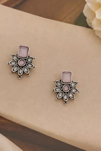 German silver pink floral drop earrings