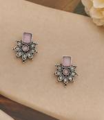 German silver pink floral drop earrings