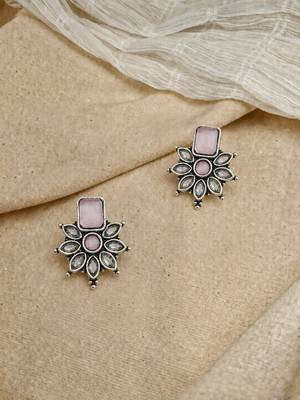 German silver pink floral drop earrings 2