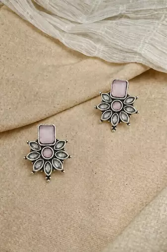 German silver pink floral drop earrings