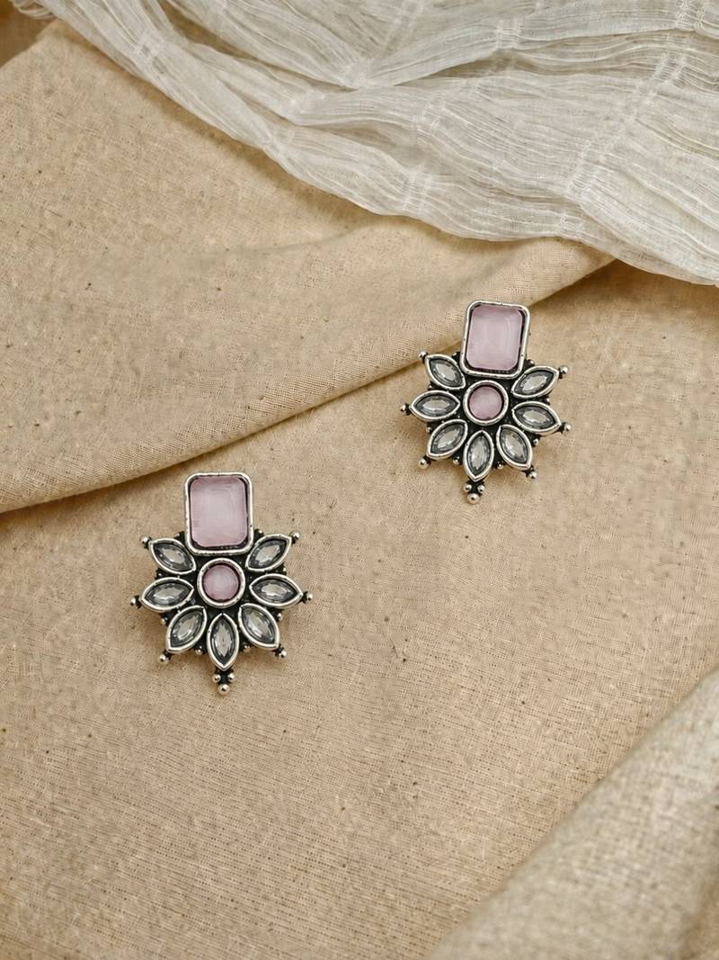 German silver pink floral drop earrings