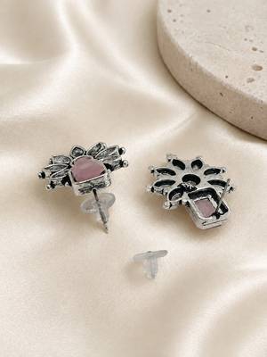 German silver pink floral drop earrings 3