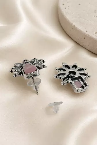 German silver pink floral drop earrings