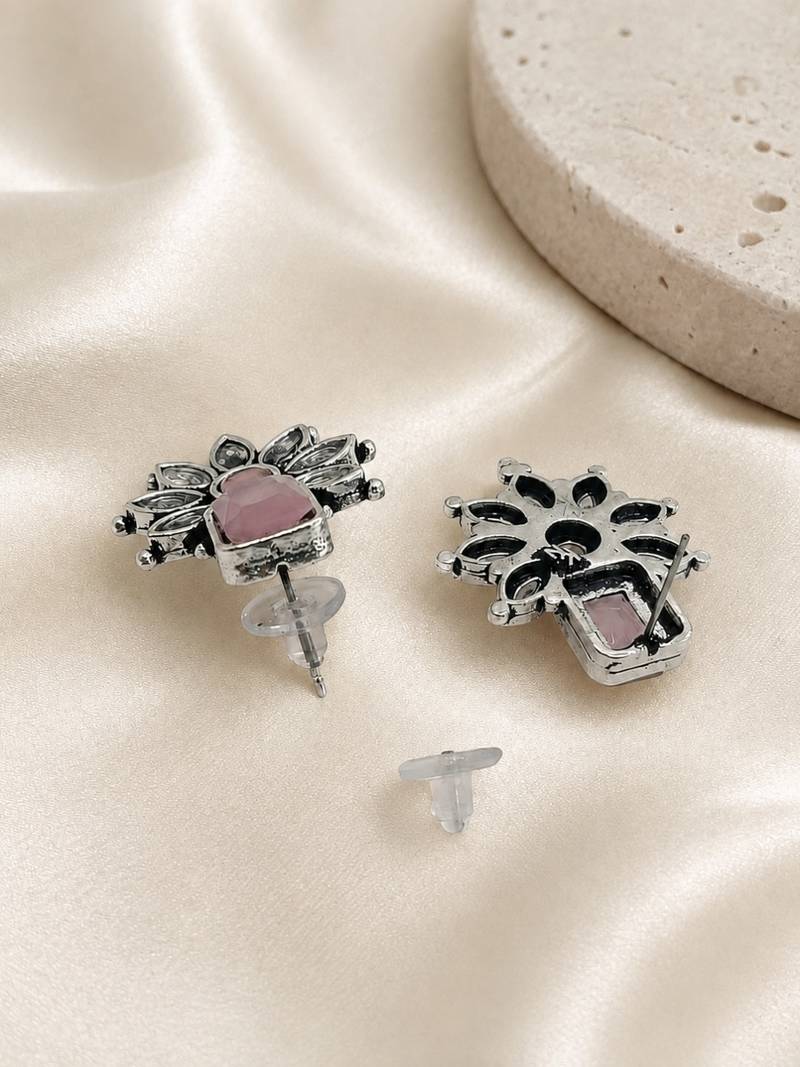 German silver pink floral drop earrings