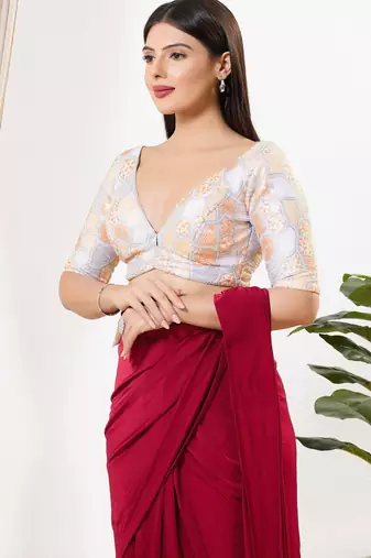Women's silk padded back open elbow sleeves saree blouse