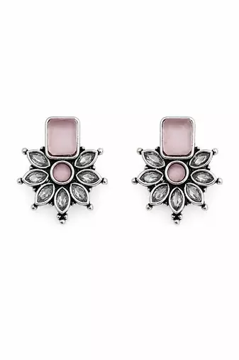 German silver pink floral drop earrings