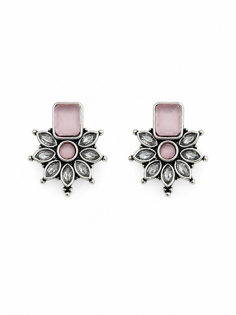 German silver pink floral drop earrings