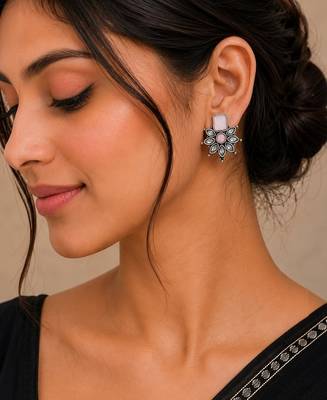 German silver pink floral drop earrings 5