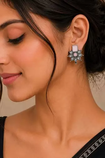 German silver pink floral drop earrings