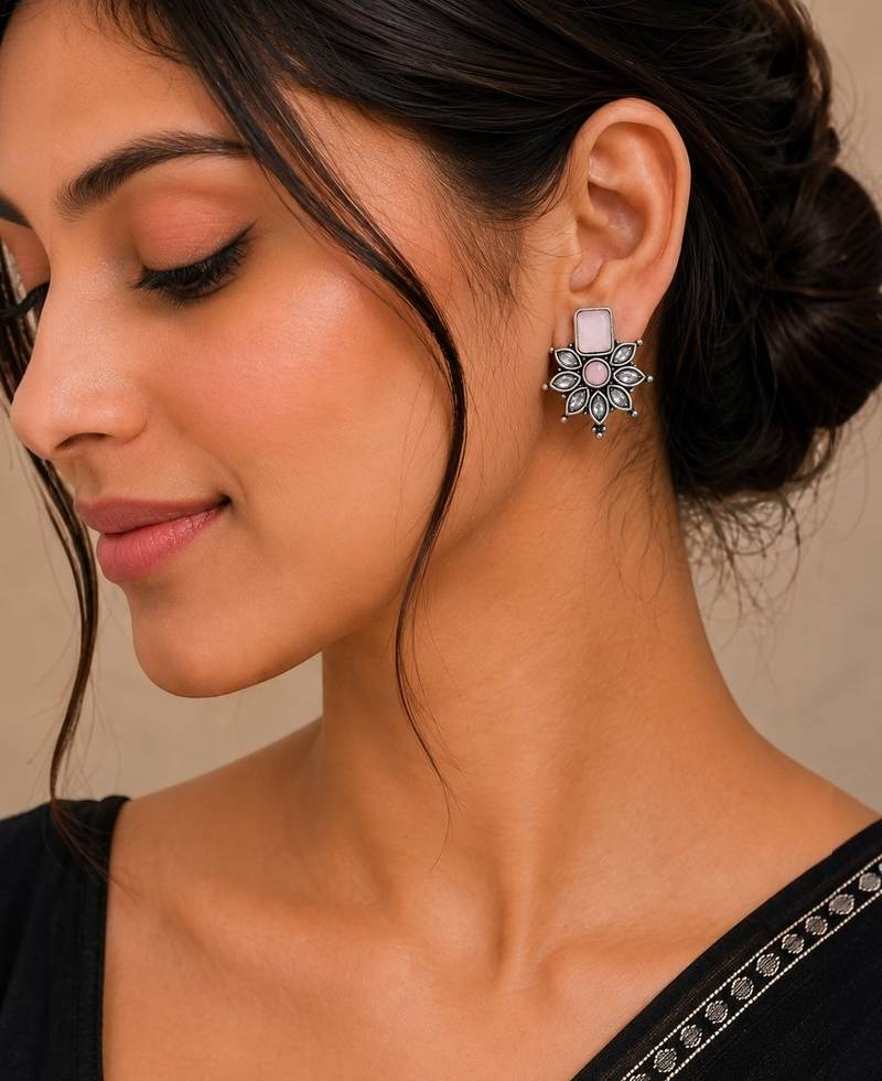 German silver pink floral drop earrings