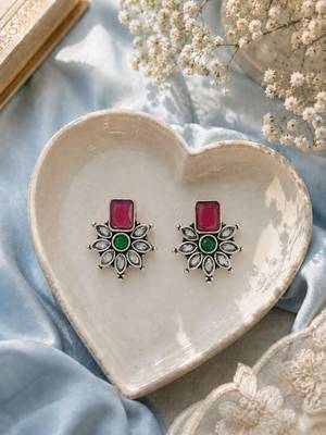 German silver red green floral drop earrings 1