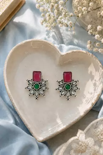 German silver red green floral drop earrings