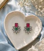 German silver red green floral drop earrings