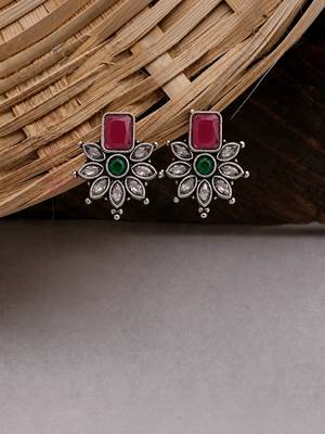 German silver red green floral drop earrings 2
