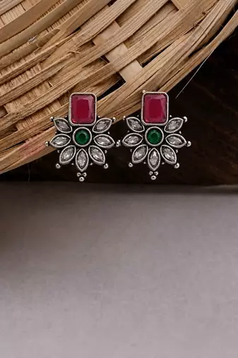 German silver red green floral drop earrings