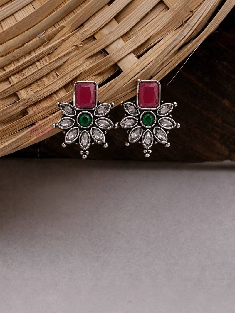 German silver red green floral drop earrings