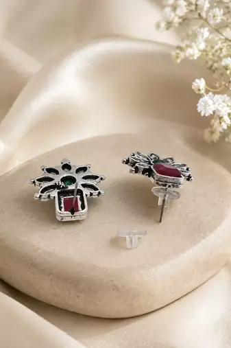 German silver red green floral drop earrings