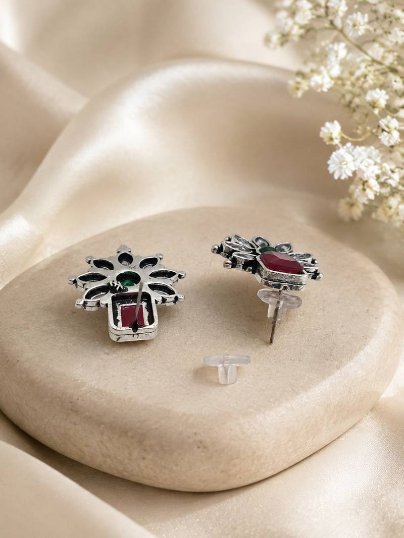 German silver red green floral drop earrings