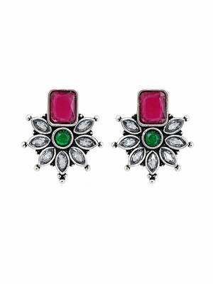 German silver red green floral drop earrings 4