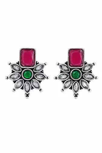 German silver red green floral drop earrings
