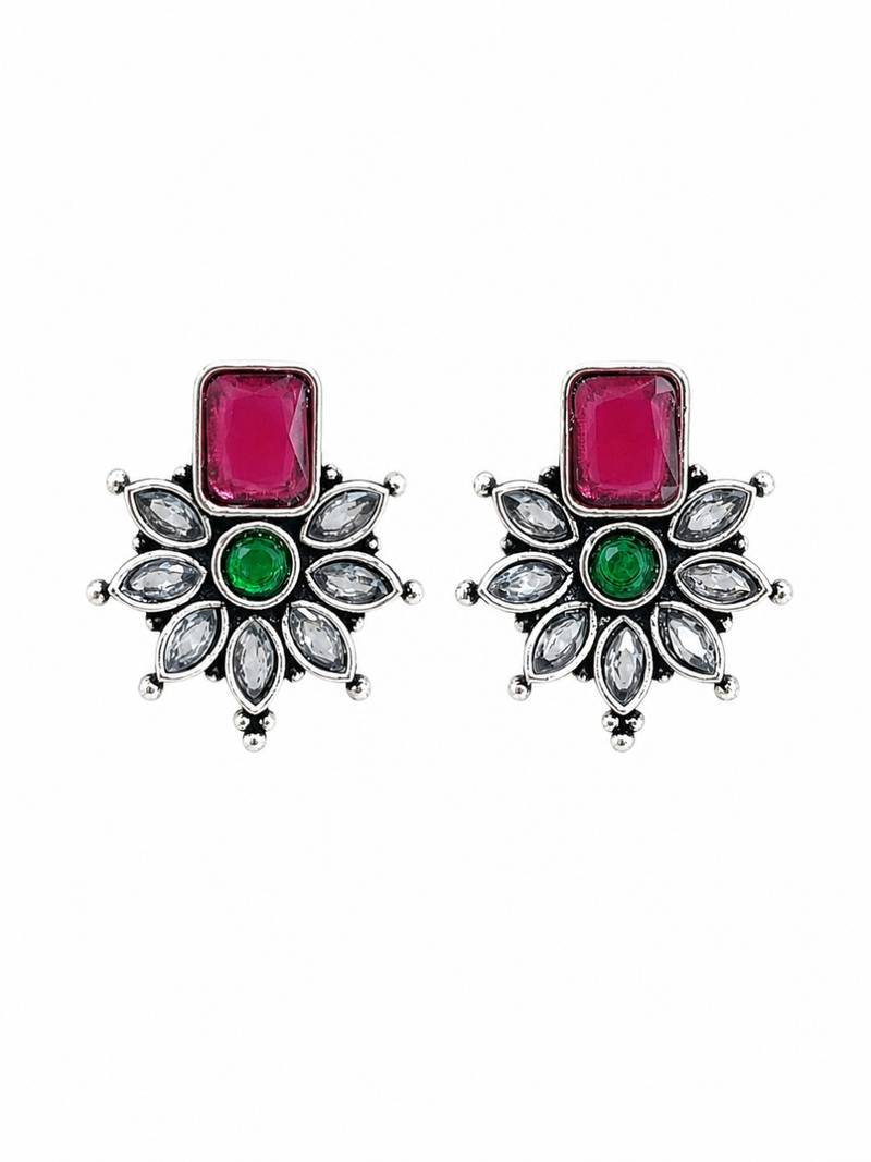 German silver red green floral drop earrings
