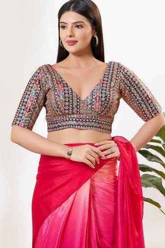 Women's silk padded back open elbow sleeves saree blouse
