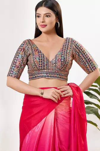 Women's silk padded back open elbow sleeves saree blouse