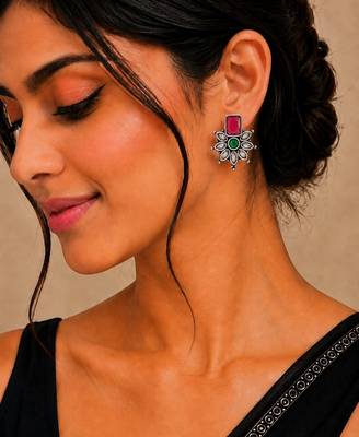 German silver red green floral drop earrings 5