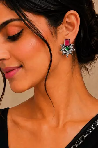 German silver red green floral drop earrings