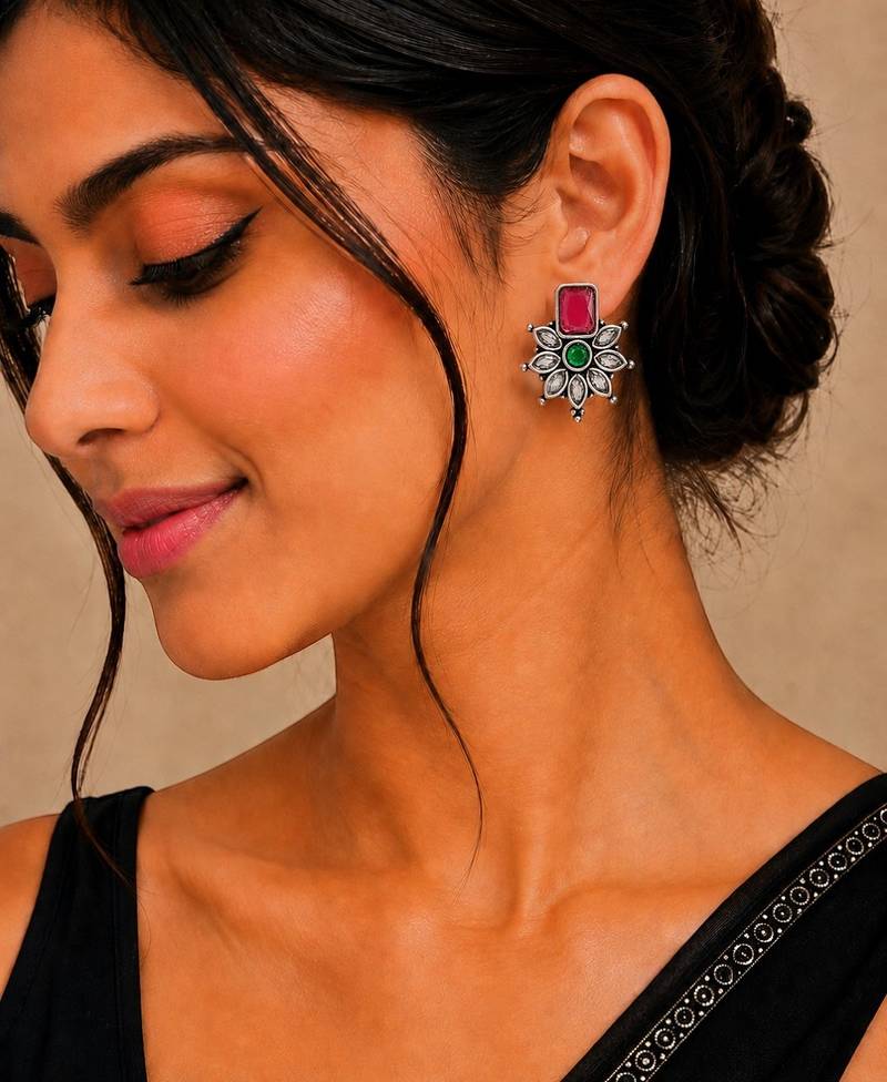 German silver red green floral drop earrings