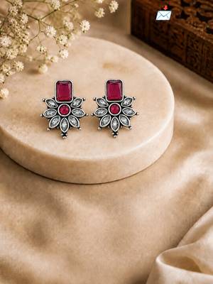 German silver ruby red floral drop earrings 1