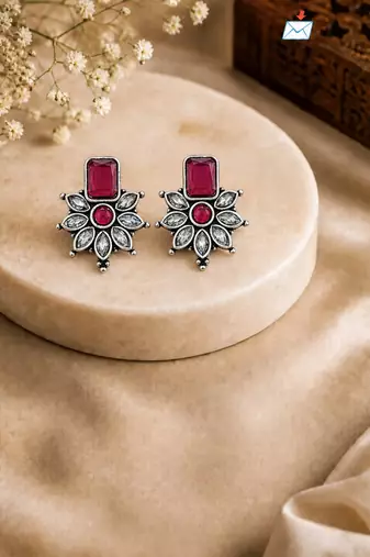 German silver ruby red floral drop earrings