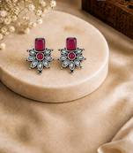 German silver ruby red floral drop earrings