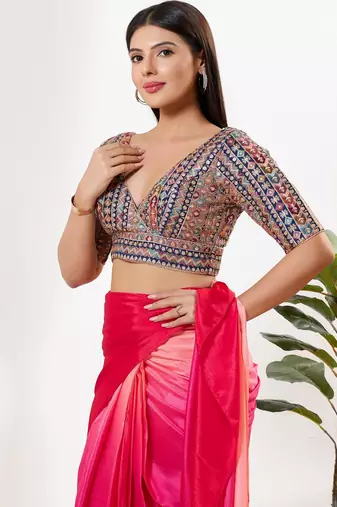 Women's silk padded back open elbow sleeves saree blouse