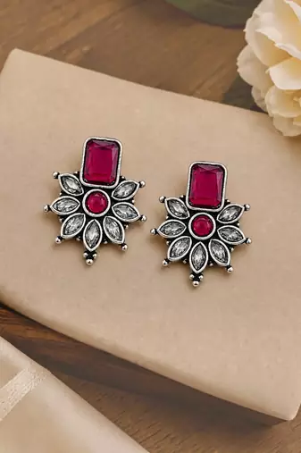 German silver ruby red floral drop earrings