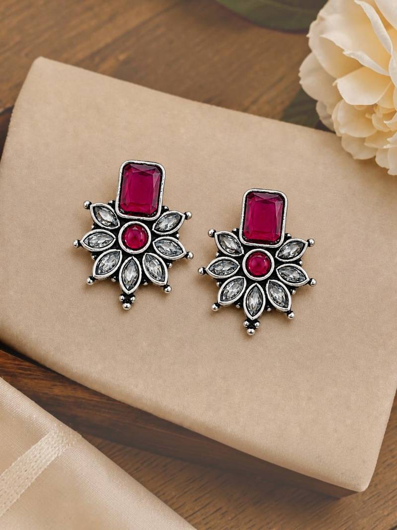 German silver ruby red floral drop earrings