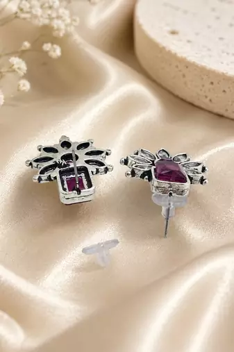 German silver ruby red floral drop earrings