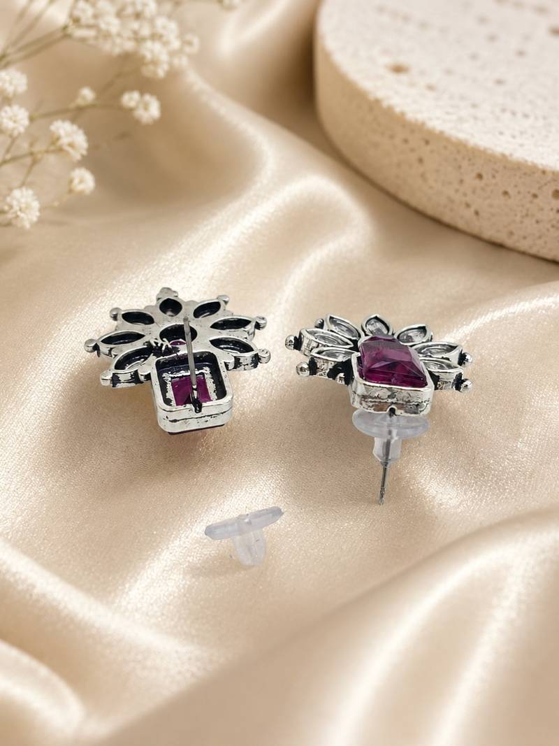 German silver ruby red floral drop earrings