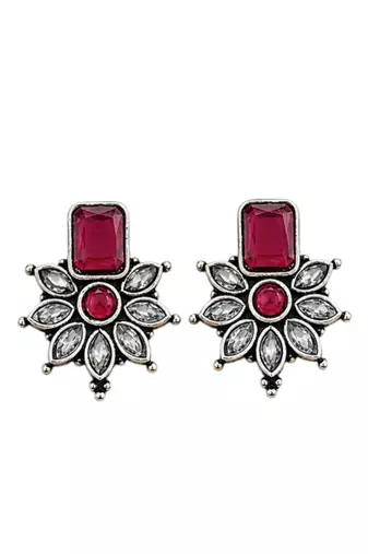 German silver ruby red floral drop earrings
